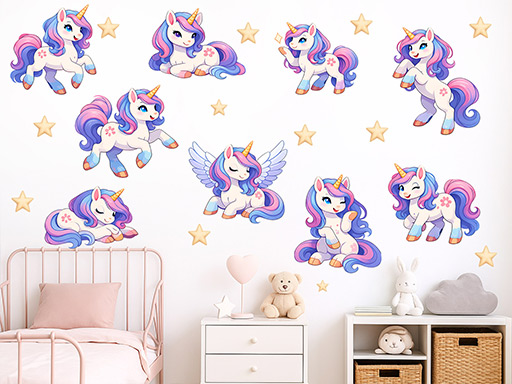 Pohádkoví jednorožci samolepky na zeď, Pohádkoví jednorožci nálepky na zeď, Pohádkoví jednorožci dekorace na zeď, Pohádkoví jednorožci samolepící nálepky na zeď