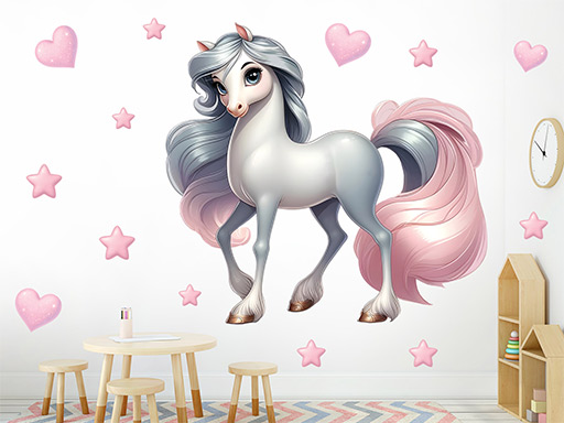 Pohádkový kůň samolepky na zeď, Pohádkový kůň do dětského pokoje samolepky na zeď, Pohádkový kůň nálepky na zeď, Pohádkový kůň pro děti dekorace na zeď, Pohádkový kůň samolepící nálepky na zeď