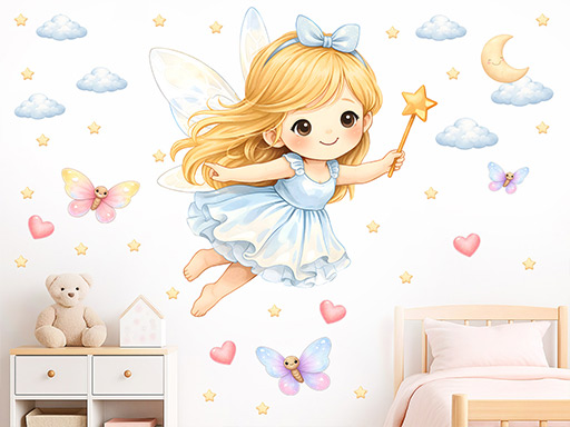 Poletujúca víla samolepka na stenu, Poletujúca víla nálepka na stenu, Poletujúca víla detská dekorácia na stenu, Poletujúca víla samolepiaca nálepka na stenu, Poletujúca víla samolepka na stenu pre deti