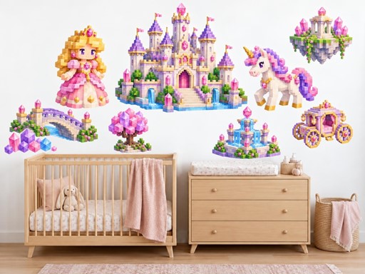 Princezna a jednorožec u zámku samolepky na zeď, Princezna a jednorožec u zámku tapety na zeď, Princezna a jednorožec u zámku dekorace na zeď, Princezna a jednorožec u zámku nálepky na zeď