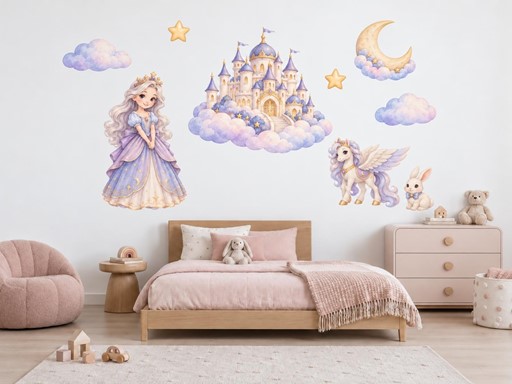 Princezna a zámek v oblacích samolepky na zeď, Princezna a zámek v oblacích tapety na zeď, Princezna a zámek v oblacích dekorace na zeď, Princezna a zámek v oblacích nálepky na zeď