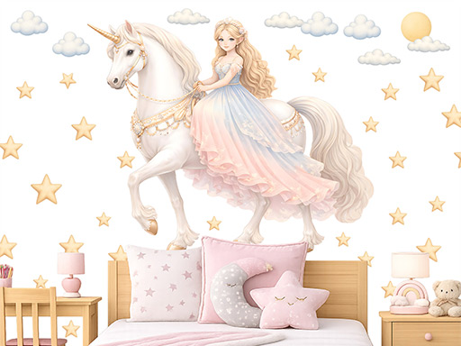 Princezná na bielom jednorožcovi samolepky na stenu, Princezná na bielom jednorožcovi tapety na stenu, Princezná na bielom jednorožcovi dekorácie na stenu, Princezná na bielom jednorožcovi nálepky na stenu