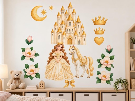 Princezna s koníkem u zámku samolepky na zeď, Princezna s koníkem u zámku tapety na zeď, Princezna s koníkem u zámku dekorace na zeď, Princezna s koníkem u zámku nálepky na zeď