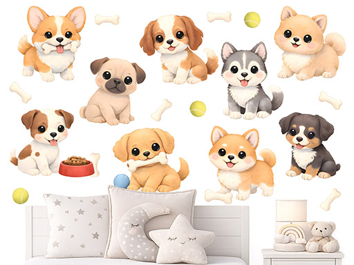 Sada nálepiek na stenu so psami, Sada nálepiek na stenu so psami pre deti, Sada dekorácií na stenu so psami, Sada tapiet so psami, Sada nálepiek na stenu so psami pre deti