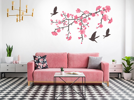 Vtáčik a kvety samolepky na stenu, Vtáčik a kvety nálepky na stenu, Vtáčik a kvety dekorácie na steny, Vtáčik a kvety samolepiace nástenné dekorácie