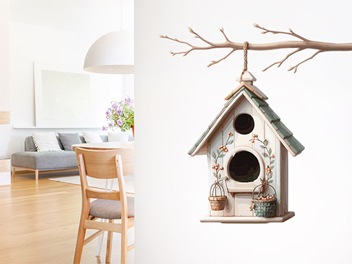 Ptačí budka na větvi samolepky na zeď, Ptačí budka na větvi dekorace na zeď, Ptačí budka na větvi samolepící dekorace na zdi, Ptačí budka na větvi nálepky na stěnu