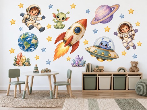 Raketa s kosmonauty a ufony samolepky na zeď, Raketa s kosmonauty a ufony tapety na zeď, Raketa s kosmonauty a ufony dekorace na zeď, Raketa s kosmonauty a ufony nálepky na zeď