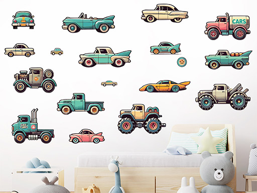 Retro autíčka samolepka na stenu, Retro autíčka nálepky na stenu, Retro autíčka dekorácie na stenu, Retro autíčka samolepiace dekor na steny, Retro autíčka samolepiace tapety na stenu,
