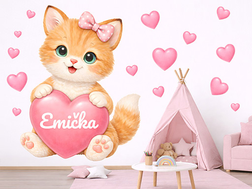 Hrdzavé mačiatko so srdiečkom a menom dekorácie na stenu samolepky na stenu, Hrdzavá mačička so srdiečkom a menom dekorácie na stenu, Hrdzavé mačiatko so srdiečkom a menom samolepiace dekorácie na stene, Hrdzavá mačka so srdiečkom a menom dekorácie na stenu nálepky na stenu