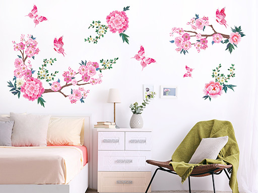 Rozkvitnutá čerešňa s motýlikmi samolepka na stenu, Rozkvitnutá čerešňa s motýlikmi nálepka na stenu, Rozkvitnutá čerešňa s motýlikmi dekorácia na stenu, Rozkvitnutá čerešňa s motýlikmi samolepiaca nálepka na stenu