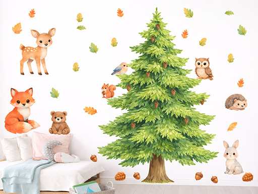 Roztomilé zvieratá a strom samolepky na stenu, Roztomilé zvieratá a strom nálepky na stenu pre deti, Roztomilé zvieratá a strom detské dekorácie na stenu, Roztomilé zvieratá a strom samolepiace nálepky na stenu