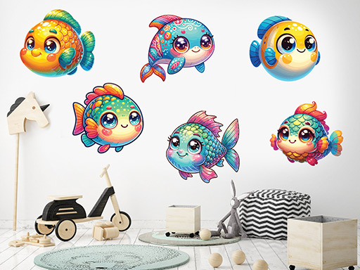 Roztomilé barevné rybičky samolepky na zeď, Roztomilé barevné rybičky do dětského pokoje samolepky na zeď, Roztomilé barevné rybičky nálepky na zeď, Roztomilé barevné rybičky pro děti dekorace na zeď, Roztomilé barevné rybičky samolepící nálepky na zeď