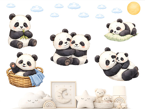 Roztomilé pandy samolepky na stenu, Roztomilé pandy tapety na stenu, Roztomilé pandy dekorácie na stenu, Roztomilé pandy nálepky na stenu