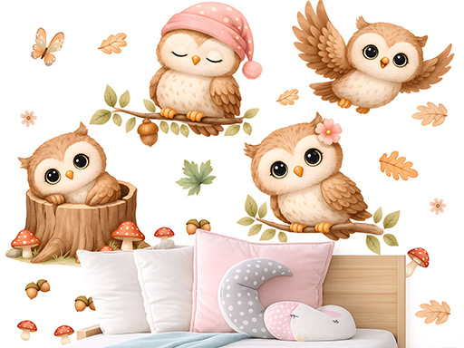 Roztomilé sovy – nálepky na stenu, Roztomilé sovy – tapety na stenu, Roztomilé sovy – dekorácie na stenu, Roztomilé sovy – nálepky na stenu