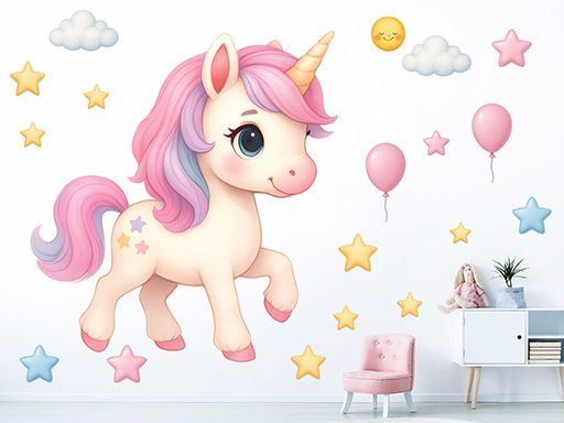 Roztomilý jednorožec samolepky na stenu, Roztomilý jednorožec dekorácie na stenu, Roztomilý jednorožec samolepiace dekorácie na stene, Roztomilý jednorožec nálepky na stenu