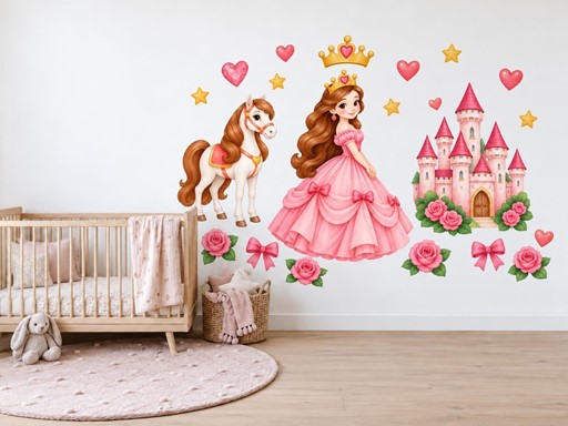 Růžová princezna s koníkem samolepky na zeď, Růžová princezna s koníkem tapety na zeď, Růžová princezna s koníkem dekorace na zeď, Růžová princezna s koníkem nálepky na zeď