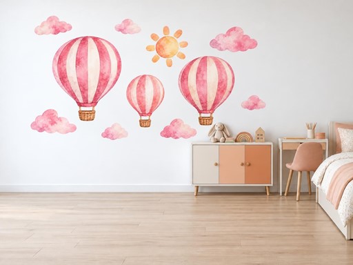Růžové balóny se sluníčkem samolepky na zeď, Růžové balóny se sluníčkem tapety na zeď, Růžové balóny se sluníčkem dekorace na zeď, Růžové balóny se sluníčkem nálepky na zeď