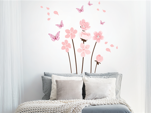 Ružové kvety samolepky na stenu, Ružové kvety dekorácie na stenu, Ružové kvety samolepiace nálepky na stenu
