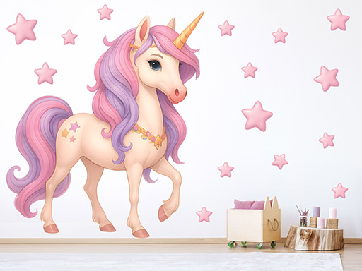 Ružový jednorožec samolepky na stenu, Ružový jednorožec dekorácie na stenu, Ružový jednorožec samolepiace dekorácie na stene, Ružový jednorožec nálepky na stenu