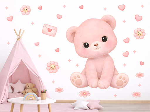 Růžový medvídek samolepky na zeď, Růžový medvídek nálepky na zeď pro děti, Růžový medvídek dětské dekorace na zeď, Růžový medvídek samolepící nálepky na zeď