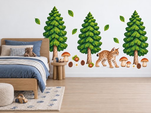 Rysí mládě pod smrky samolepky na zeď, Rysí mládě pod smrky tapety na zeď, Rysí mládě pod smrky dekorace na zeď, Rysí mládě pod smrky nálepky na zeď