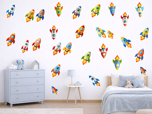 Sada 50 rakiet samolepky na stenu, Vesmírne rakety nálepky na stenu, rakety dekorácie na stenu, raketky samolepiace nálepky na stenu