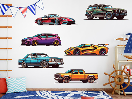 Sada aut samolepka na zeď, Sada aut nálepky na zeď, Sada aut dekorace na stěnu, Sada aut samolepící dekor na stěny, Sada aut samolepící tapety na zeď