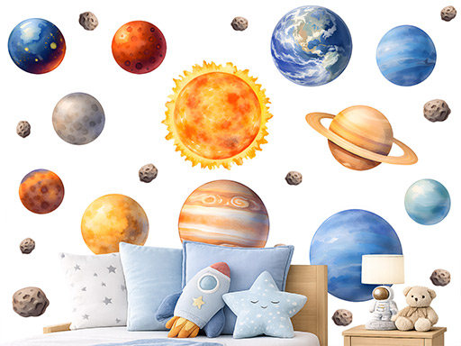 Sada planét samolepky na stenu, Sada planét nálepky na stenu pre deti, Sada planét detské dekorácie na stenu, Sada planét samolepiace nálepky na stenu