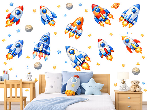 Sada vesmírných raket samolepky na zeď, Sada vesmírných raket nálepky na zeď pro děti, Sada vesmírných raket dětské dekorace na zeď, Sada vesmírných raket samolepící nálepky na zeď