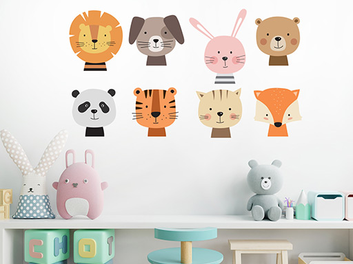 Sada zvieracích hlavičiek samolepky na stenu, Sada zvieracích hlavičiek nálepky na stenu pre deti, Sada zvieracích hlavičiek detské dekorácie na stenu, Sada zvieracích hlavičiek samolepiace nálepky na stenu