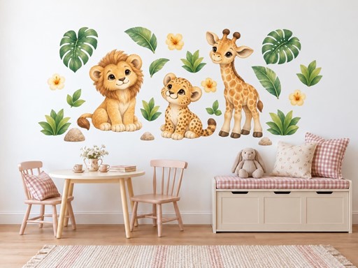 Safari kamarádi mezi listy samolepky na zeď, Safari kamarádi mezi listy tapety na zeď, Safari kamarádi mezi listy dekorace na zeď, Safari kamarádi mezi listy nálepky na zeď