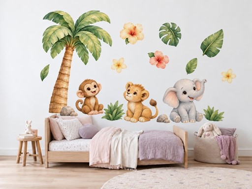 Safari mláďátka pod palmou samolepky na zeď, Safari mláďátka pod palmou tapety na zeď, Safari mláďátka pod palmou dekorace na zeď, Safari mláďátka pod palmou nálepky na zeď