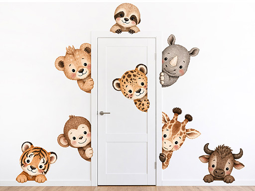 Nálepky na stenu so zvieratkami zo safari okolo dverí, Tapety na stenu so zvieratkami zo safari okolo dverí, Dekorácie na stenu so zvieratkami zo safari okolo dverí, Nálepky na stenu so zvieratkami zo safari okolo dverí