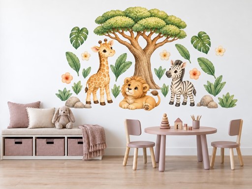 Safari zvířátka pod akácií samolepky na zeď, Safari zvířátka pod akácií tapety na zeď, Safari zvířátka pod akácií dekorace na zeď, Safari zvířátka pod akácií nálepky na zeď