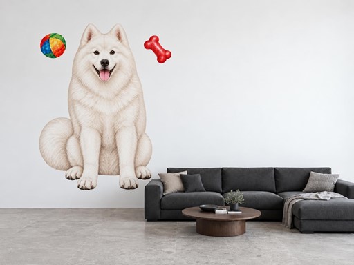 Samojed s loptičkou a kosťou