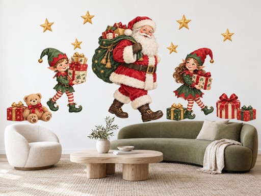 Santa s pytlem dárků a skřítky samolepky na zeď, Santa s pytlem dárků a skřítky tapety na zeď, Santa s pytlem dárků a skřítky dekorace na zeď, Santa s pytlem dárků a skřítky nálepky na zeď