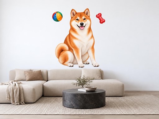 Shiba inu s míčkem a kostí samolepky na zeď, Shiba inu s míčkem a kostí tapety na zeď, Shiba inu s míčkem a kostí dekorace na zeď, Shiba inu s míčkem a kostí nálepky na zeď