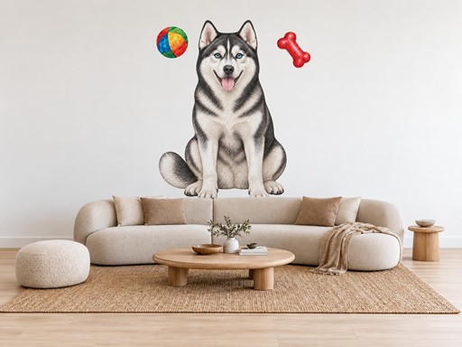 Sibiřský husky s míčkem a kostí