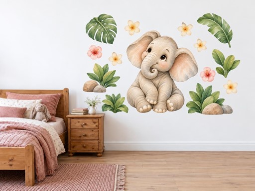 Slůně mezi tropickými květy samolepky na zeď, Slůně mezi tropickými květy tapety na zeď, Slůně mezi tropickými květy dekorace na zeď, Slůně mezi tropickými květy nálepky na zeď