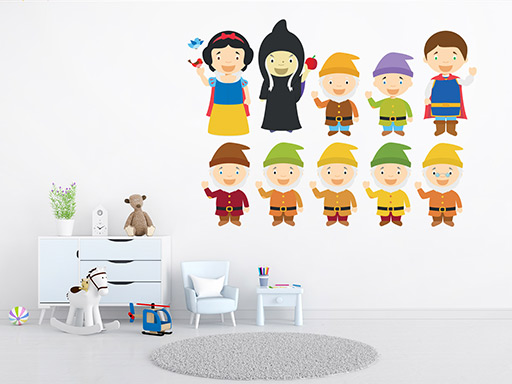 Sněhurka a sedm trpaslíků samolepky na zeď, Sněhurka a sedm trpaslíků nálepky na zeď pro děti, Sněhurka a sedm trpaslíků dětské dekorace na zeď, Sněhurka a sedm trpaslíků samolepící nálepky na zeď