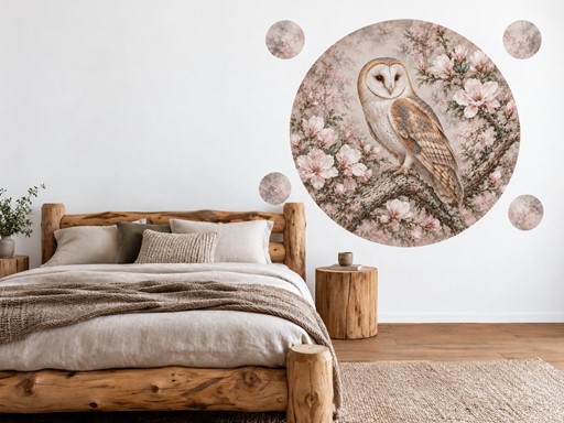Sova pálená mezi magnoliemi samolepky na zeď, Sova pálená mezi magnoliemi tapety na zeď, Sova pálená mezi magnoliemi dekorace na zeď, Sova pálená mezi magnoliemi nálepky na zeď