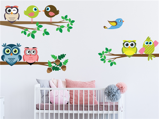 Sovičky a vtáčiky samolepky na stenu, Sovičky a vtáčiky nálepky na stenu pre deti, Sovičky a vtáčiky detské dekorácie na stenu, Sovičky a vtáčiky samolepiace nálepky na stenu