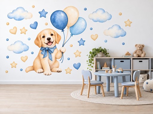 Štěňátko s balonky samolepky na zeď, Štěňátko s balonky tapety na zeď, Štěňátko s balonky dekorace na zeď, Štěňátko s balonky nálepky na zeď