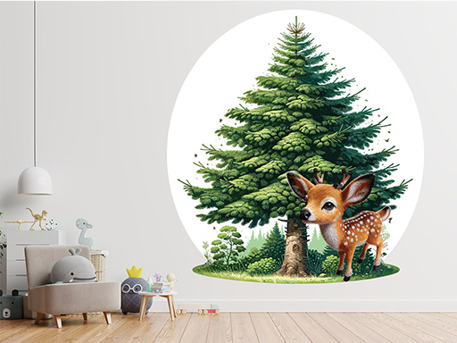 Strom a srnček samolepka na stenu, Strom a srnček nálepka na stenu pre deti, Strom a srnček dekorácie na stene, Strom a srnček tapeta na stene, Detský strom a srnček samolepka na stenu