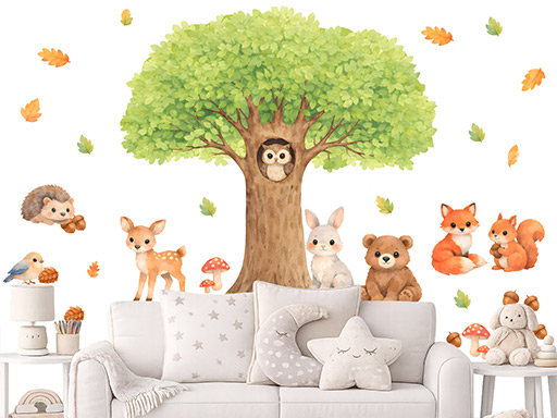 Strom s lesními zvířátky samolepka na zeď, Strom s lesními zvířátky nálepka na stěnu pro děti, Strom s lesními zvířátky dekorace na zeď, Strom s lesními zvířátky tapeta na zeď, Strom s lesními zvířátky samolepka na zeď pro děti