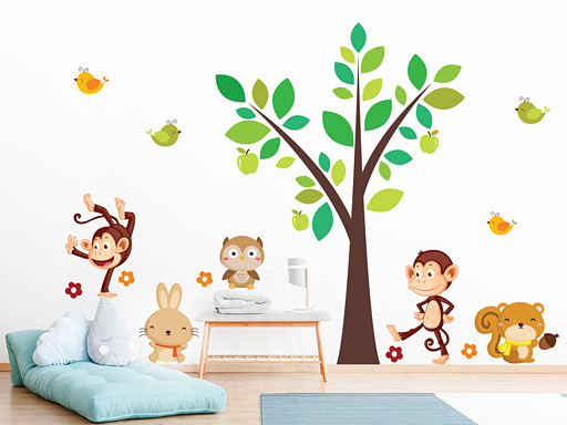 Strom s opičkami a zvieratkami samolepky na stenu, Strom s opičkami a zvieratkami nálepky na stenu, Strom s opičkami a zvieratkami pre deti dekorácie na stenu, Strom s opičkami a zvieratkami samolepiace nálepky na stenu, Strom s opičkami a zvieratkami samolepky na stenu do detskej