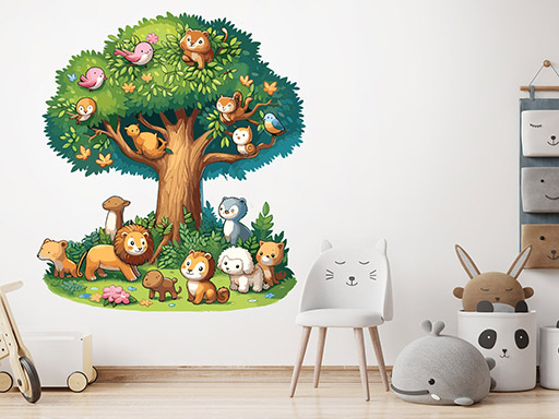 Strom se zvířátky samolepky na zeď, Strom se zvířátky nálepky na zeď pro děti, Strom se zvířátky dětské dekorace na zeď, Strom se zvířátky samolepící nálepky na zeď