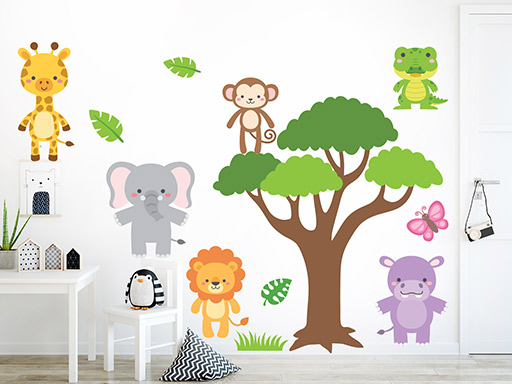 Strom zo ZOO samolepky na stenu, Strom zo ZOO nálepky na stenu pre deti, Strom zo ZOO detské dekorácie na stenu, Strom zo ZOO samolepiace nálepky na stenu