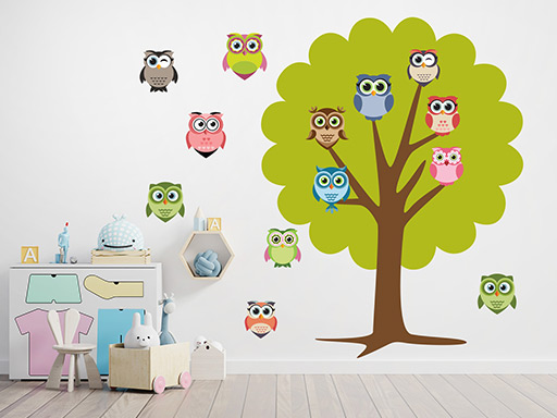 Stromček so sovami samolepky na stenu, Stromček so sovami nálepky na stenu pre deti, Stromček so sovami detské dekorácie na stenu, Stromček so sovami samolepiace nálepky na stenu