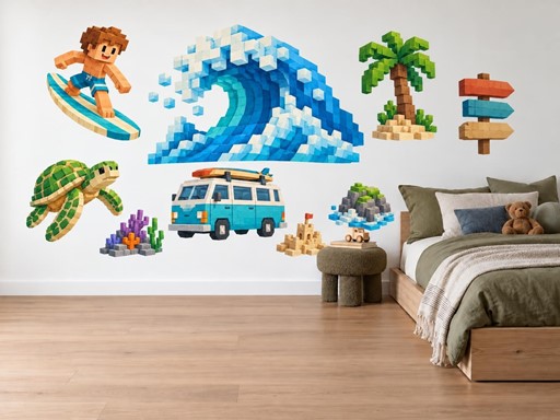 Surfař a želva u moře samolepky na zeď, Surfař a želva u moře tapety na zeď, Surfař a želva u moře dekorace na zeď, Surfař a želva u moře nálepky na zeď